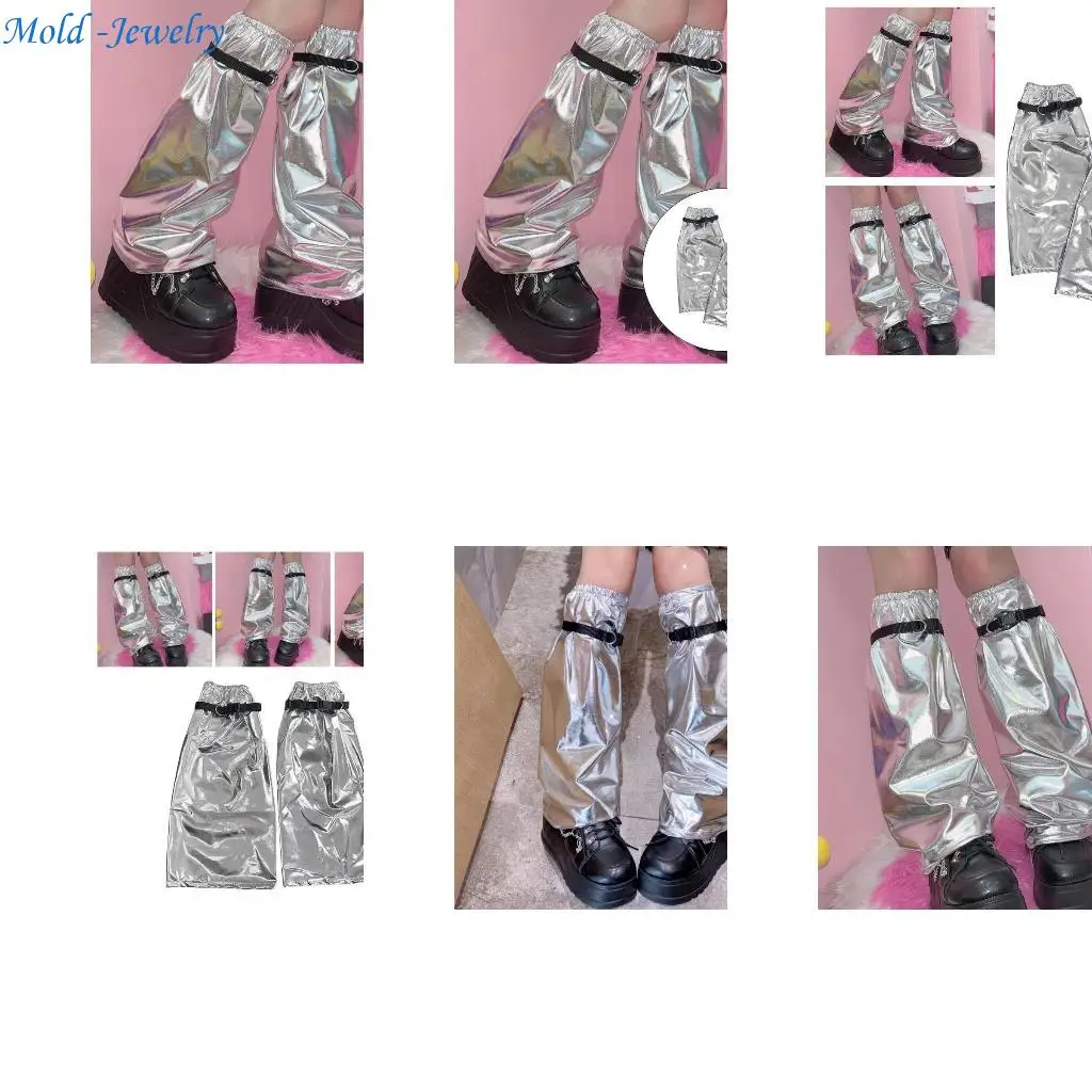 

69HB Metallic Shining Leg Guard Harajuku Buckled Strap Leg Warmer Sock Streetwear
