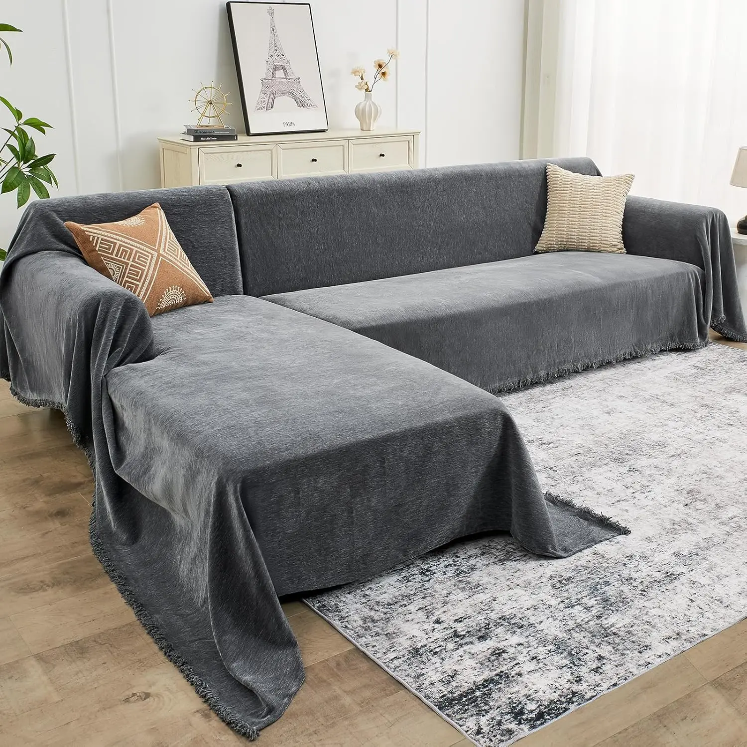 

Chenille L-Shaped Sectional Sofa Cover, 2-Piece Washable Pet-Friendly Furniture Protector in Dark Gray