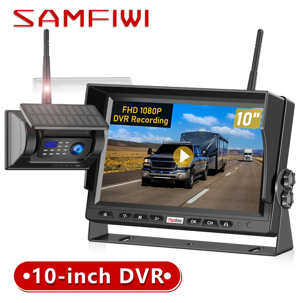 

10“Magnetic Wireless Backup Camera HD 1080P DVR Monitor RV Backup Camera Wireless System With solar panel for Truck /RV /Bus