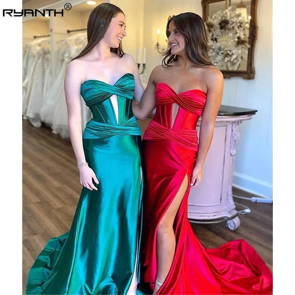 Ryanth Strapless Mermaid Prom Dress Women Summer Holiday Dress Stain Long Evening Gowns Backless Pleat vestidos para mujer