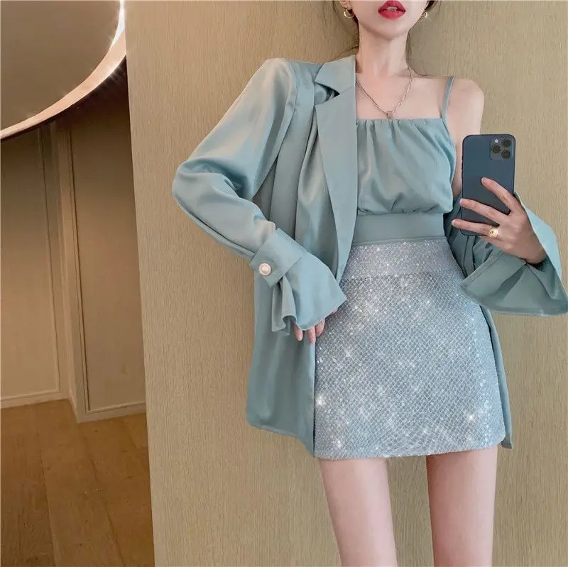 Suit Mid-Length Long-Sleeved Suit Jacket Suspenders + Skirt 2024 Autumn New Fashionable Temperament Three-Piece Set For Women