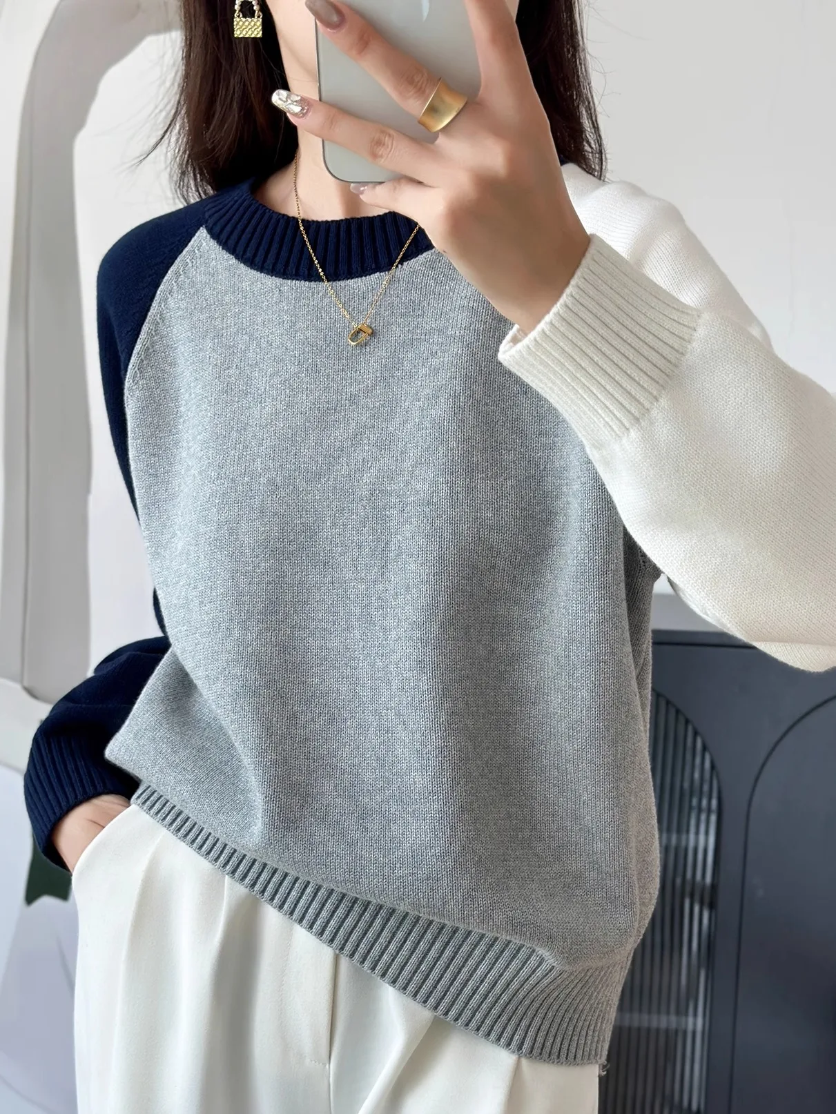 

Thiened Cotton Knitted Sweater round Ne Loose Fit Women's Inner Wear Warm Base Layer Pure Color Casual Sle Knitwear