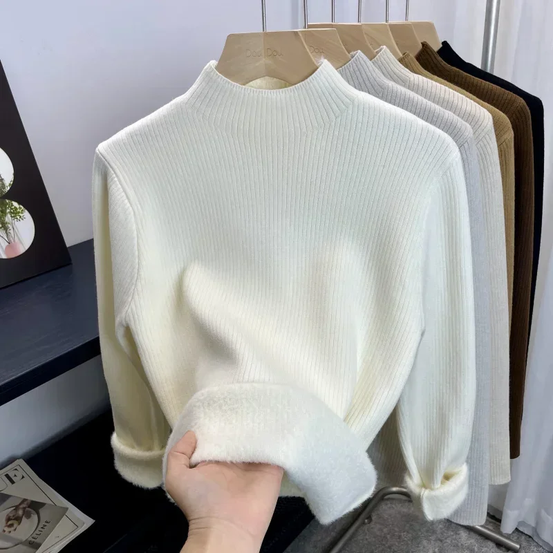 Roll kragen pullover Winter pullover Frauen elegant verdicken Samt gefüttert warm Sueter gestrickt Pullover schlanke Tops Jersey Strick pullover neu – Detail 17