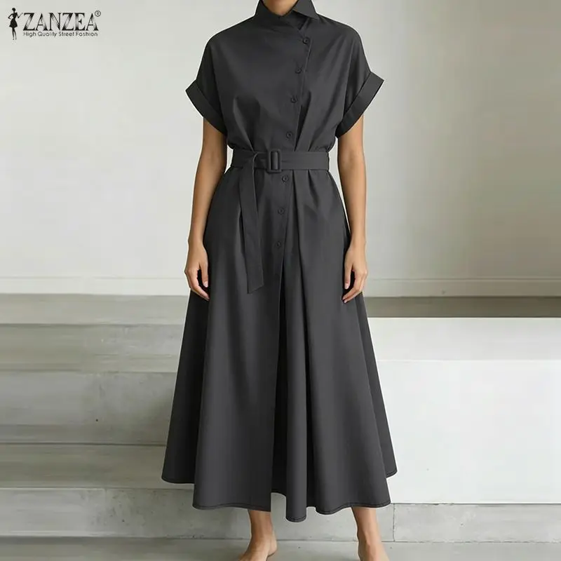 2026 ZANZEA Modisches Damenkleid mit O-Ausschnitt und Kurzen Ärmeln, Elegantes Einfarbiges Sommerkleid für Büro und Arbeit, Gürtelkleid mit Knöpfen, Vestido