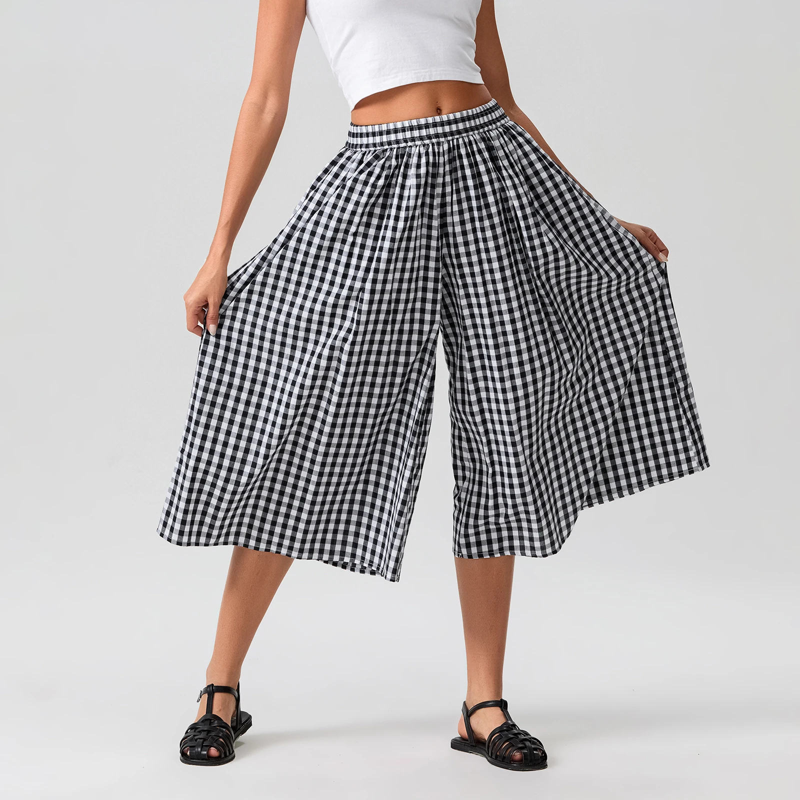 

Women's spring and summer plaid cropped culottes with elastic waistband wide legs loose side pockets casual pull-on trousers