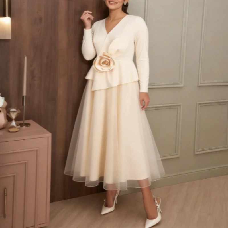 Elegant Women A Line Dress V Neck Long Sleeve 3D Flower Peplum Patchwork Mesh Wedding Guest Church Party Outfit Autumn New