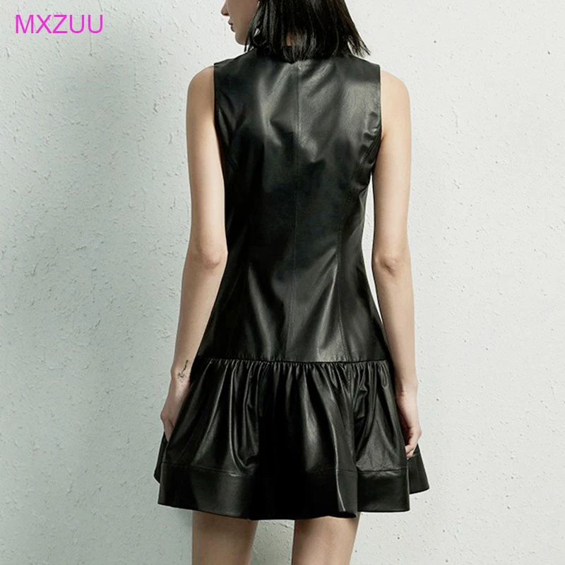 فساتين جلدية حقيقية ربيع الخريف النساء جلد الغنم الجولة الرقبة أكمام سليم مطوي كبير سوينغ سترة قصيرة فستان Roupas الأنثوية