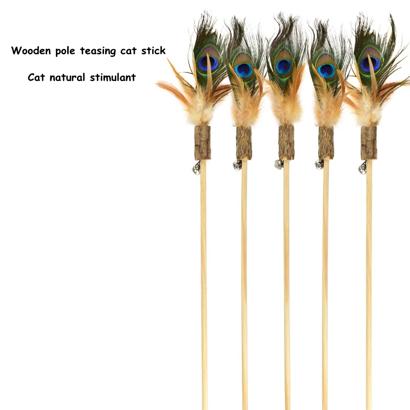 

1~50pc Wooden Pole Teasing Cat Stick Natural Catnip Interactive Toy Rod Feather Bell Toys For Cat Peacock Feather Teaser Toy Rod