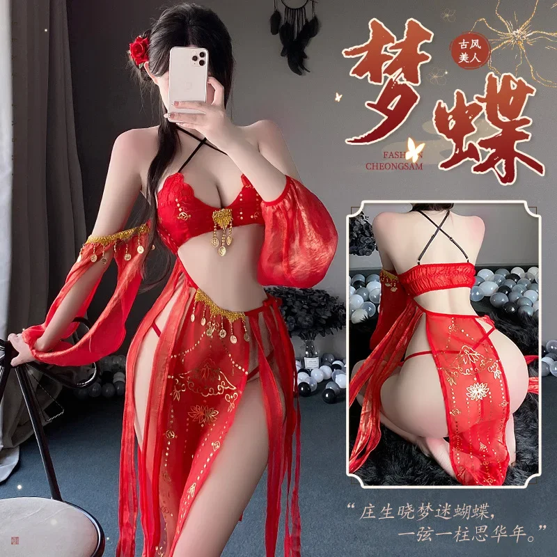 Tang Dynasty China sexy cosplay costumes erotic dresses see-through bar party uniform red Chinese antique-style hanfu lingerie