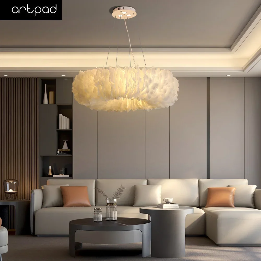 Artpad White Feather Pendant Light With E27 Bulb Included Chandelier for the children's room Living Room Decor Droplight