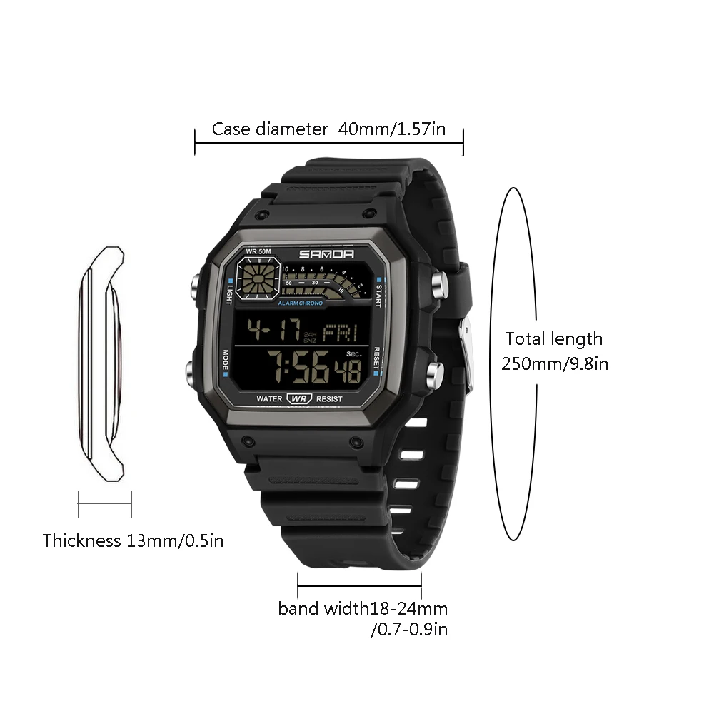 남성용 디지털 시계, 방수 스포츠 시계, 클래식 스퀘어 손목 시계, 카운트다운 야광 시계, 브랜드 패션