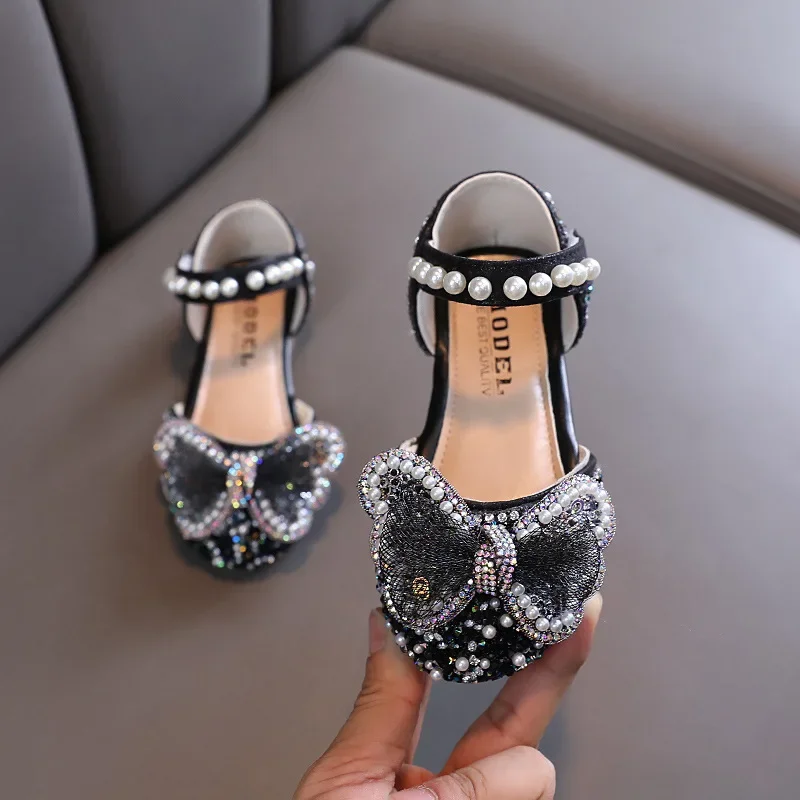 New Elegant Girl Princess Shoes Pearl Bowtie Children's Sandals Sweet Fashion Kids Causal Dance Flat Shoes Soft Bottom Versatile