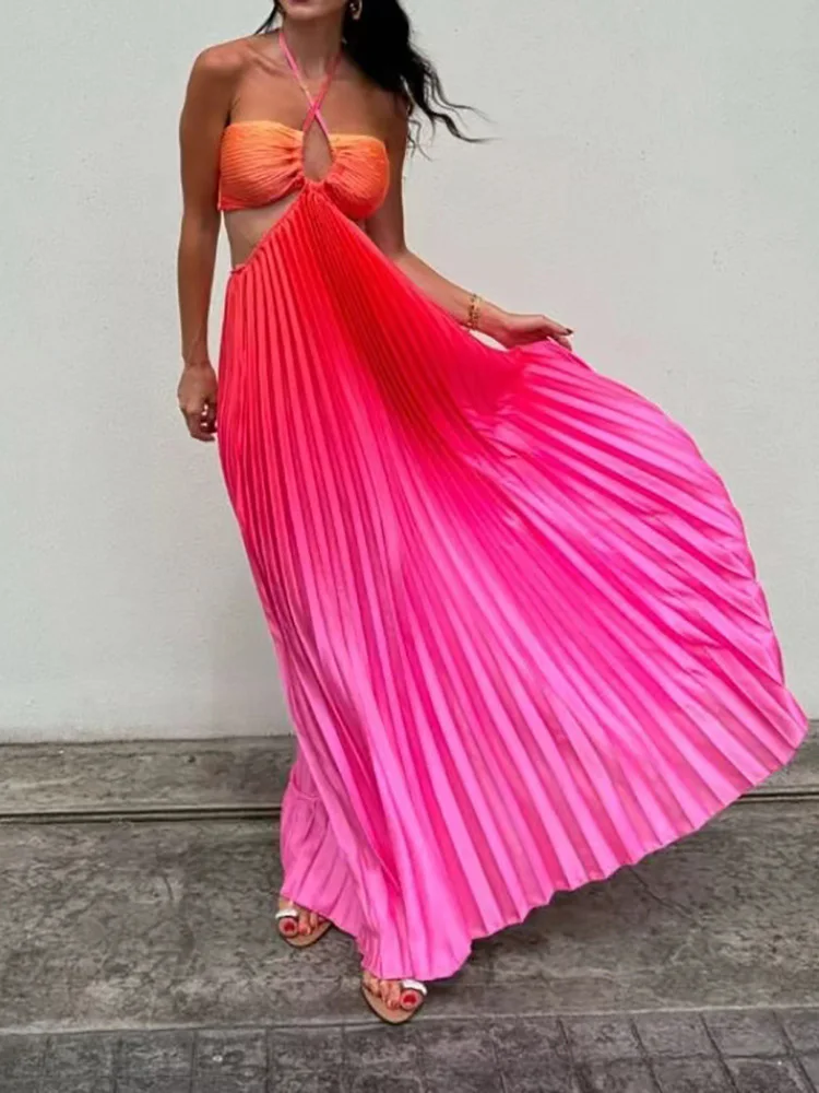 Sleeveless Hollow Sexy Simple Maxi Dress, Summer Women Strapless Lace-Up Chic Party Dress, 2025 Patchwork Fashion Ladies Dress