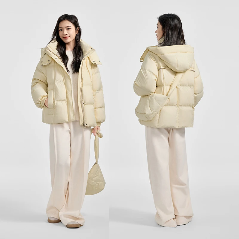 Chericom Chaqueta de plumón para mujer 90 relleno de plumón de pato 2025 capucha desmontable cuello alto bolsillo cálido ropa de abrigo corta acolchada Y308190Y