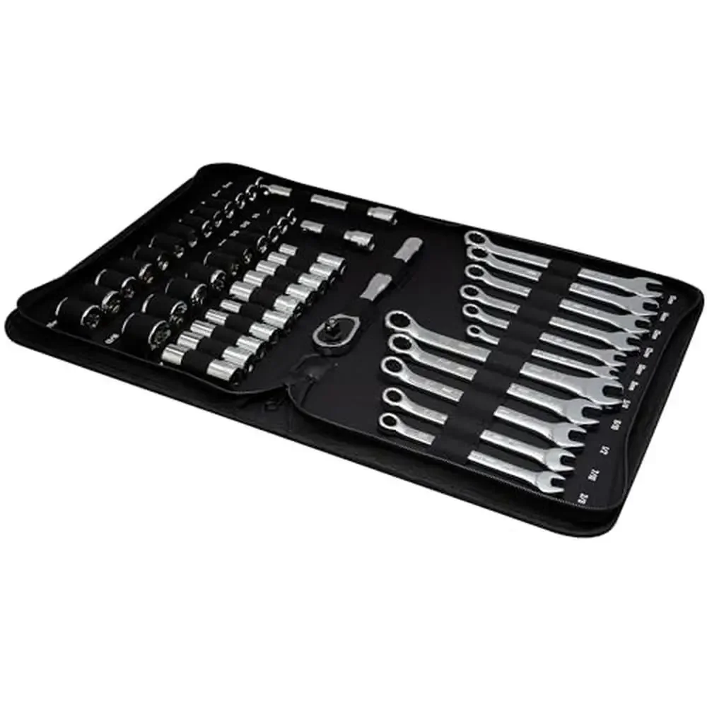 

72-Tooth Ratchet Set 3/8 Inch Drive Tight Spaces 47-Piece Mechanics Tool Kit with Soft Case Full Polish Chrome Finish & Fixed