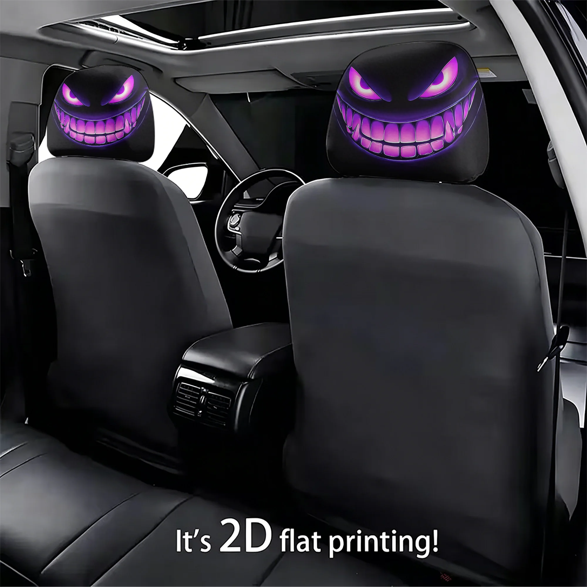 2pcs purple car headrest covers featuring a smiling monster design, adding a spooky and unique vibe to your car’s interior. Does
