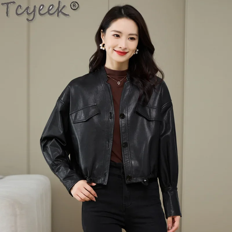 Tcyeek-Veste en cuir véritable pour femme, manteau en peau de mouton véritable, vestes de moto pour femme, vêtements de printemps et d'automne