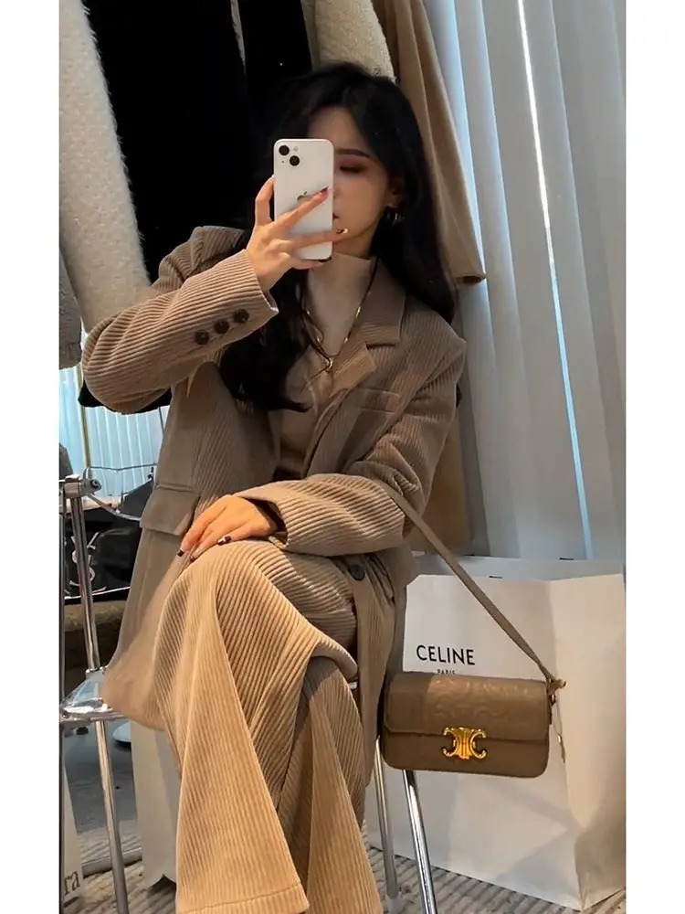 Woman\'s Autumn/winter British Style Short Blazer Coat Wide-leg Pant Set Retro Casual Solid Color Loose Suit Pants Two-piece