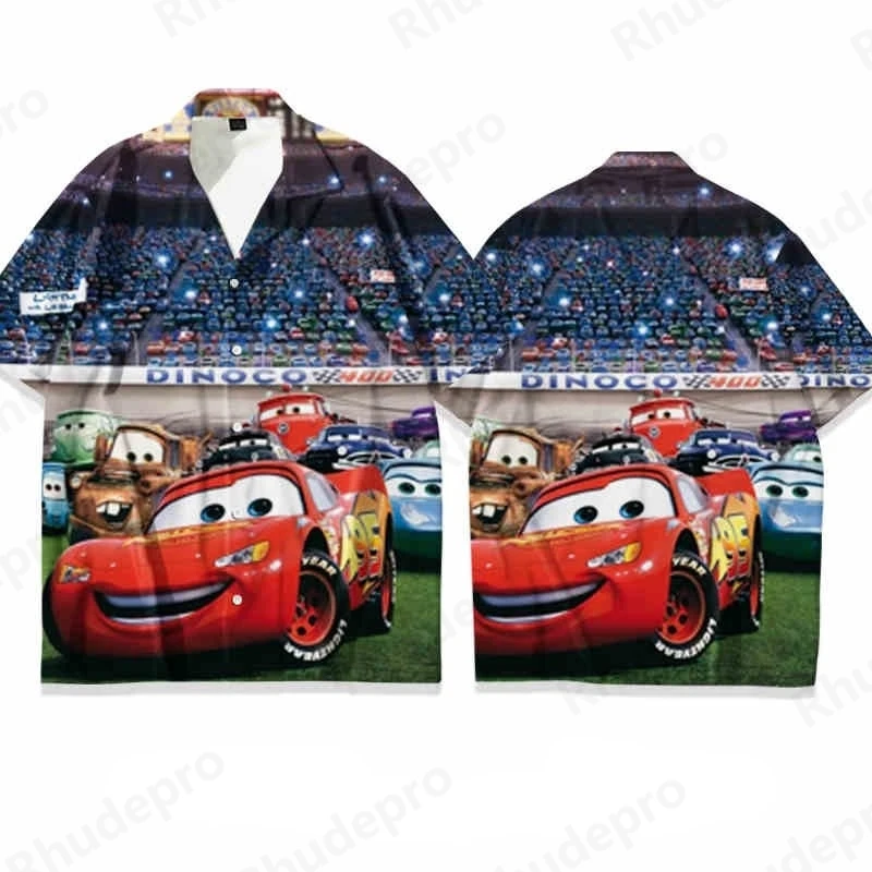 

Disney 2025 New Summer Lightning Mcqueen Cars Men's Short-sleeved Shirts Comfortable And Casual Lapel Spaceship Print Tops
