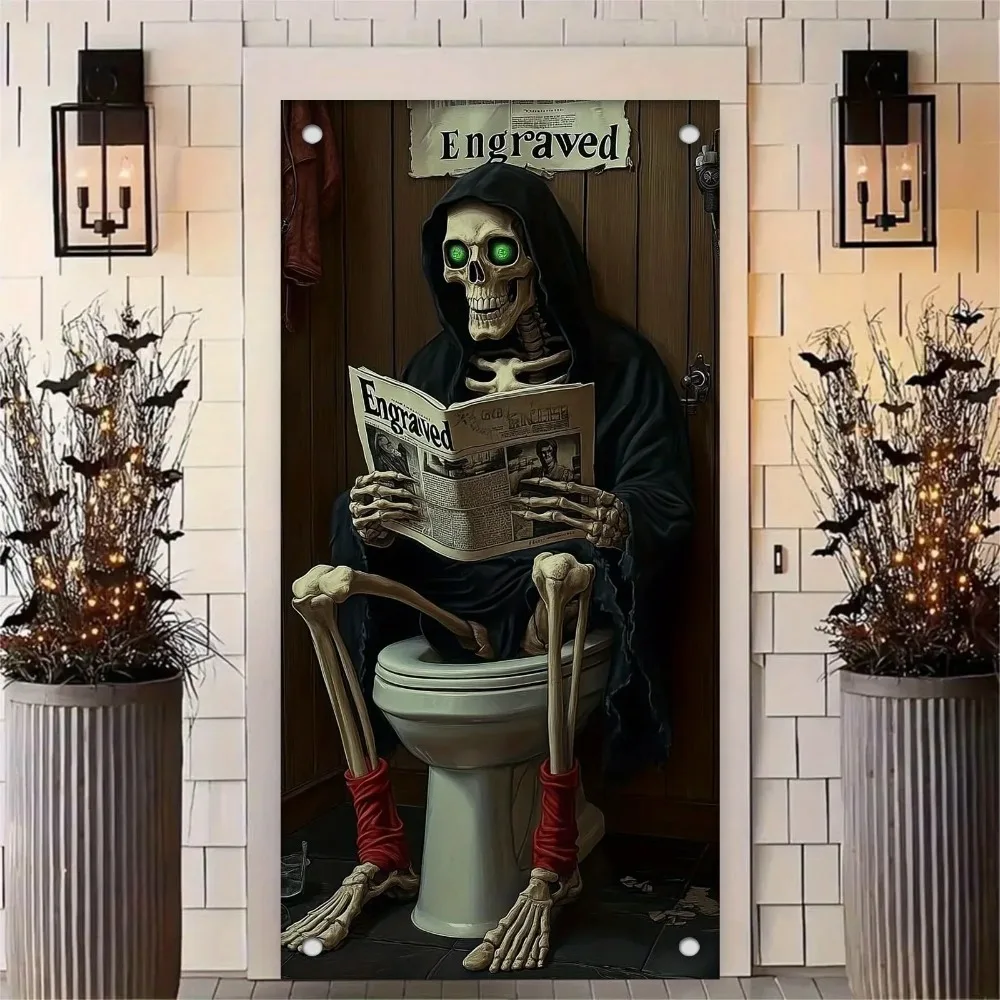 Gravure d'un crâne lisant un journal – un design de porte 2D noir, satirique et humoristique, parfait pour Halloween