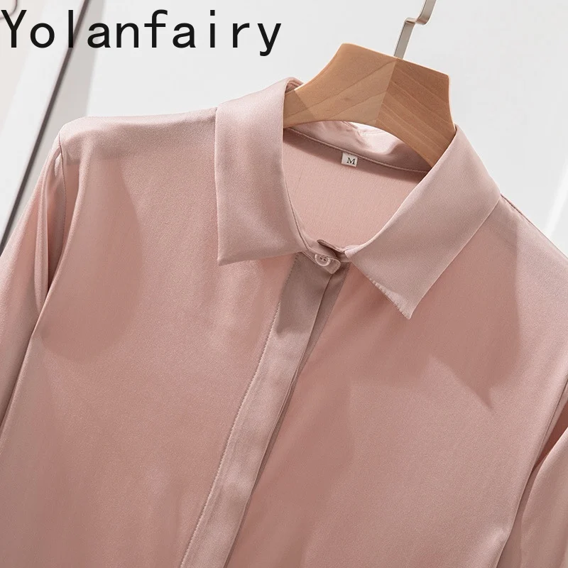 YOLANFAIRY 93% Mulberry Silk 7% Spandex Women Shirts Elegant Office Wear Woman Long Sleeve Top Shirt Korean Fashion Shirts Dames