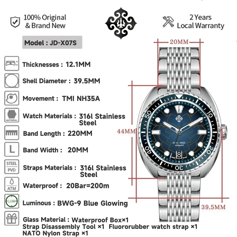 IXDAO IPOSE 2025 New Men's Automatic Mechanical Watch Dragon Scale Pattern Diving Watch 20Bar Stainless Steel BWG-9 reloj hombre