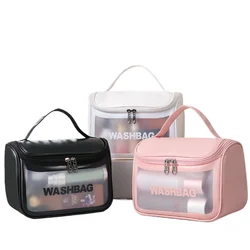 Transparent Cosmetic Makeup Bag with Handle Matte Wash Bag PU Flip Bath Bag Transparent Portable Travel Bags for Women