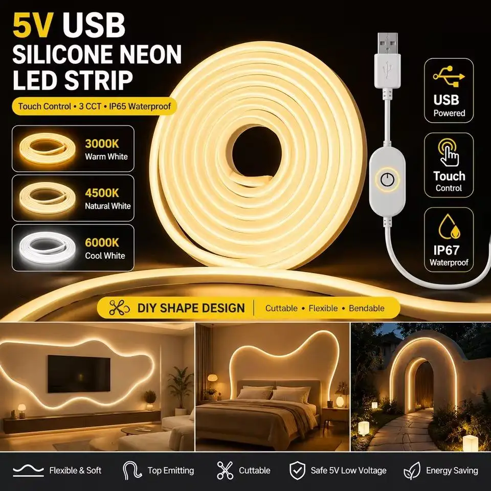 Silicone USB LED Strip Light Flexible Bendable 3 Color Temperature Touch Dimmable Brightness Desk Bedroom Decor Night Lamp