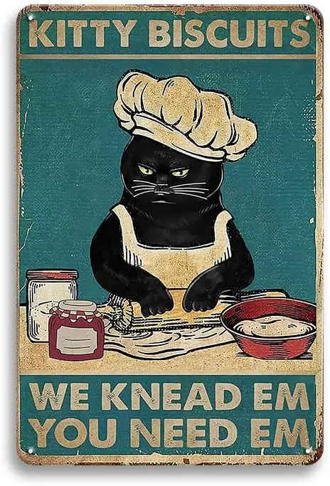 Cat Kitty Kitchen Vintage Metal Tin Sign,Kitty Biscuits We Knead Em You Need Em,Funny Cute Black Cat Wall Art Decor Metal Sign f