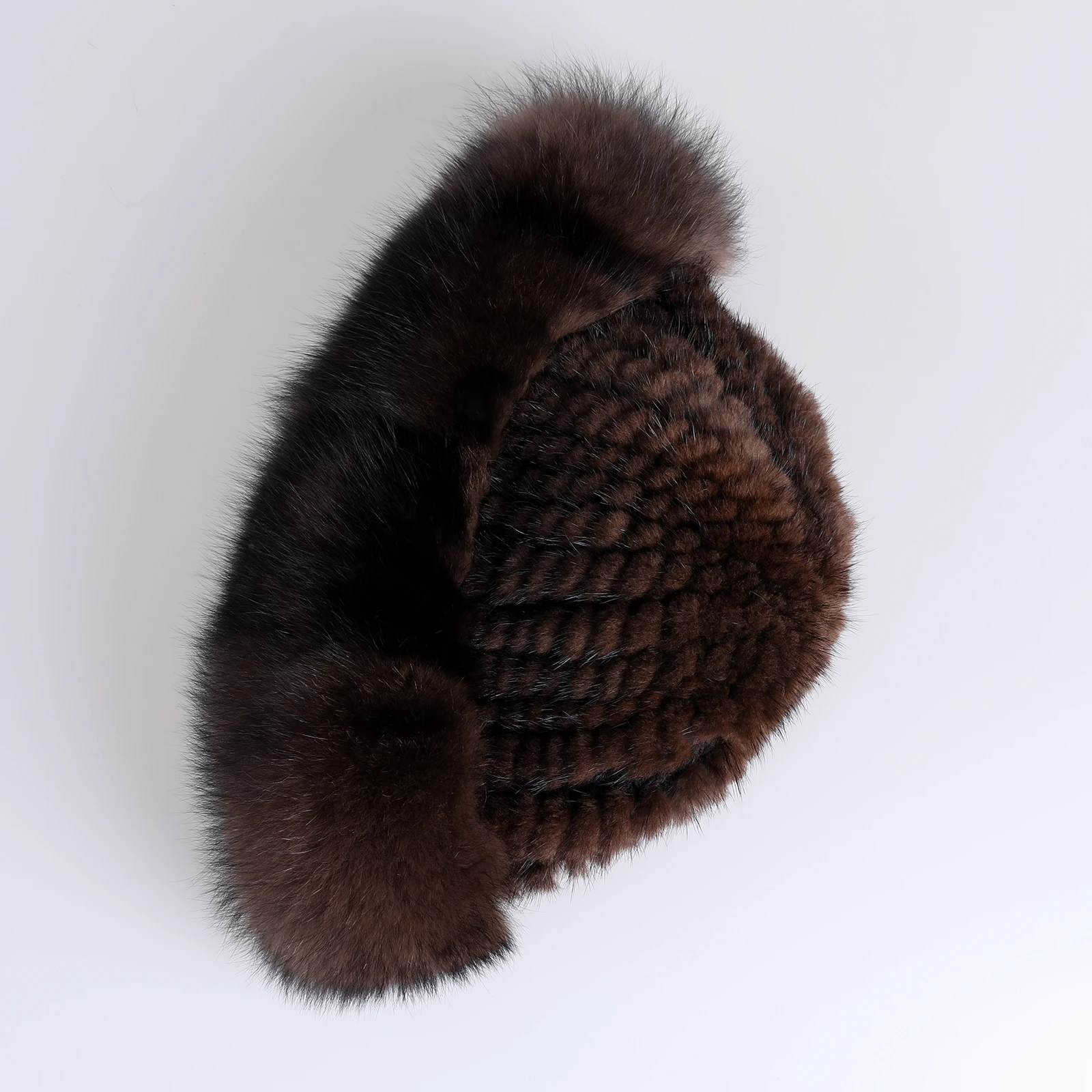 Frauen Winter warm echte Premuim Nerz Fell gestrickt Eimer Hut pelzigen Echtpelz Kappen Big Fox Pelz besatz Krempe verstellbar – Detail 23