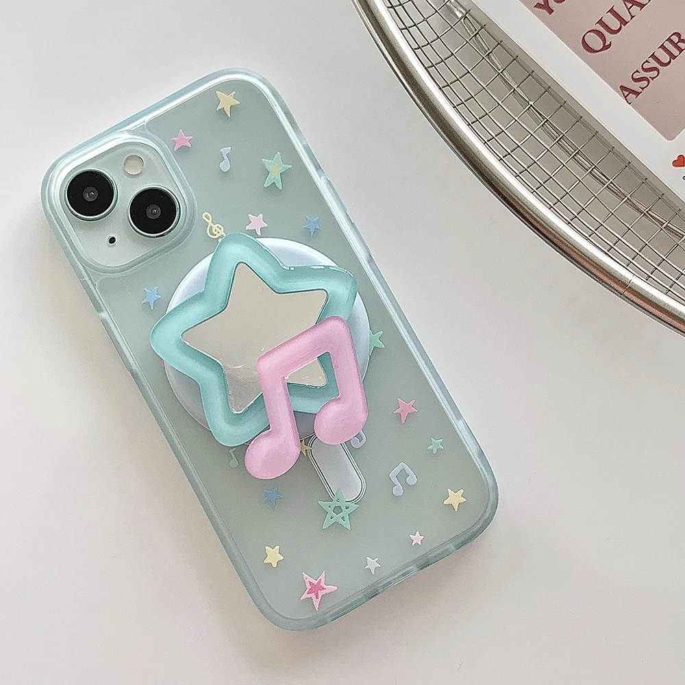 Etui na telefon iPhone 16 Pro 15 14 13 17 Pro Max z magnetycznym uchwytem MagSafe, lustrzane, z motywem koreańskich gwiazdek 3D, z uchwytem Grip Tok na tył. — zdjęcie produktu 3