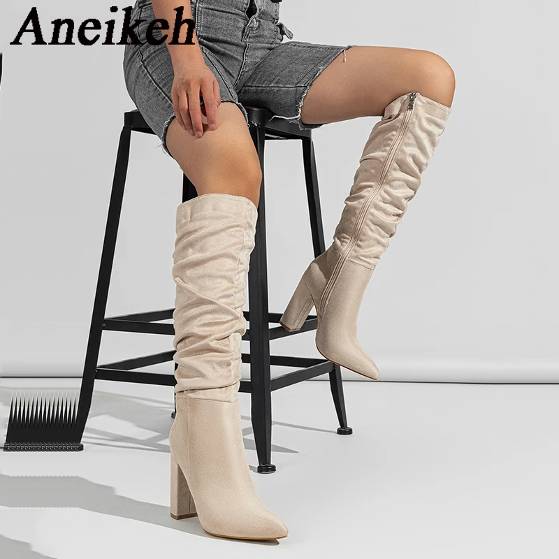 Aneikeh Women's Flock Pleated Sewing Western Boots 2025 Winter Elegant Pointed Thick Heel Zipper Knee-High Boots Party Wedding