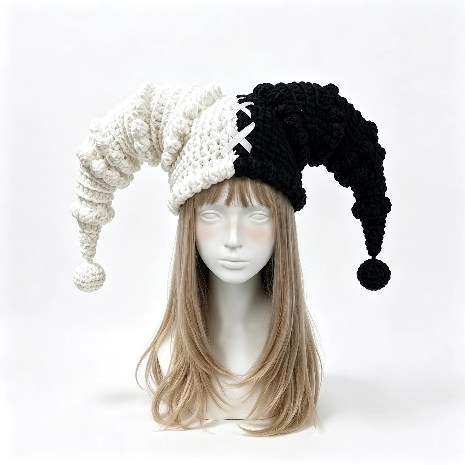 Custom Handmade Crochet Black White Jester Hat Men Knitted Clown Beanie Women Cosplay Halloween Carnival Party Skullies Cap
