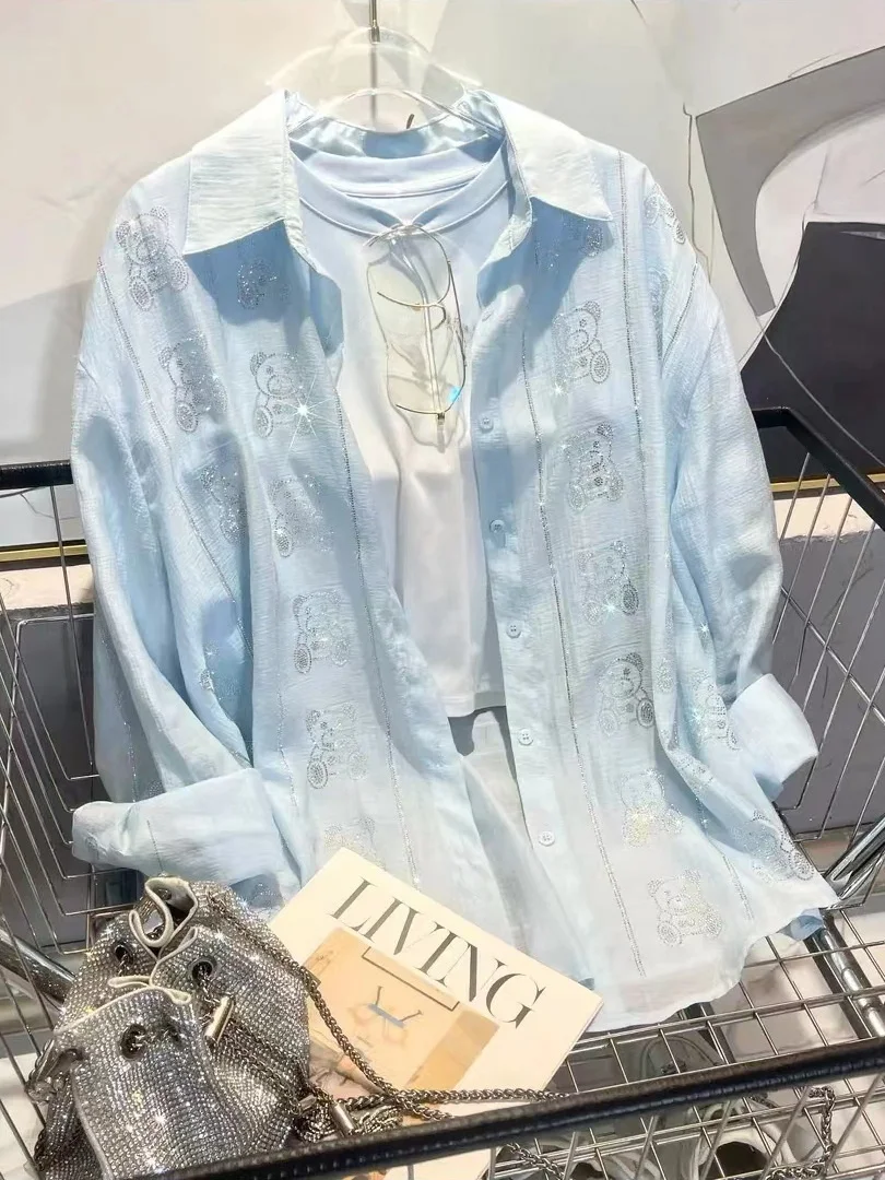 

Ele Bear Design Sun-Protective Outerwear Women's Thin Casual Loose Polyester irt Faionable Anti-Uv Long Sve Ne