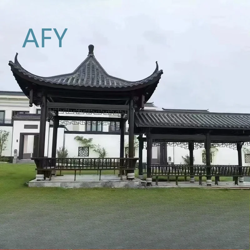 Solid wood ancient building corridor pavilion new rural construction outdoor antique building park cultural corridor pavilion