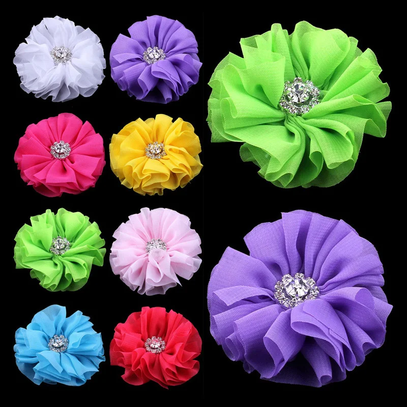 

120pcs/lot 6.5cm 15colors Ruffled Ballerina Chiffon Hair Flower With Rhinestone Button Artificial Fabric Flowers For Headbands