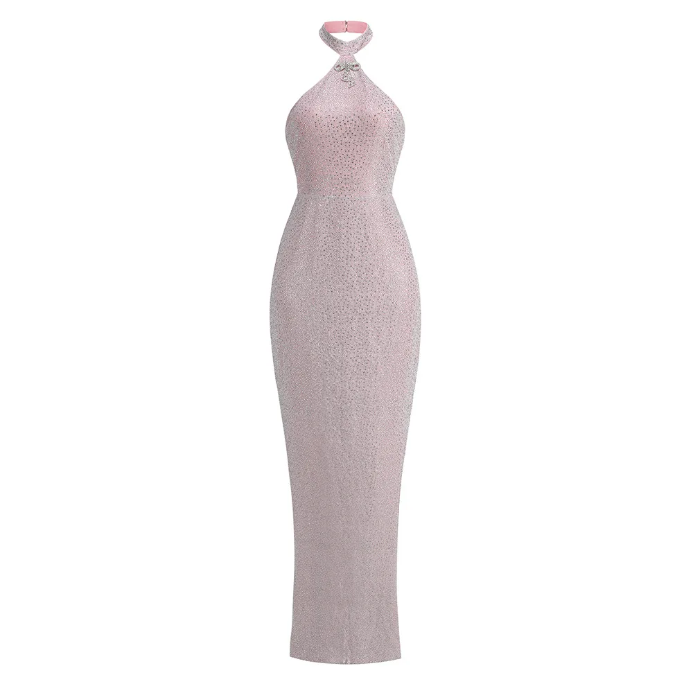 2024 Women Celebrity Sexy Sleeveless Halter Sequins Pink Mini Bodycon Dress Elegant Evening Club Party Outfit