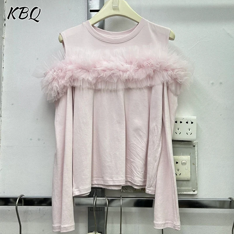 

KBQ Solid Patchwork Mesh Elegant Off Shoulder T Shirt For Womwn O Neck Long Sleeve Minimalist Loose Casual Top Female Clothes