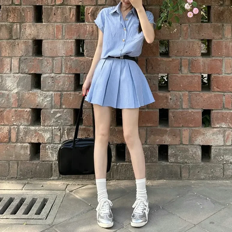 

Striped Shirt Dress, Children's Summer New Style, Niche Design, College Style, Waist Cinched Pleated Short Skirt