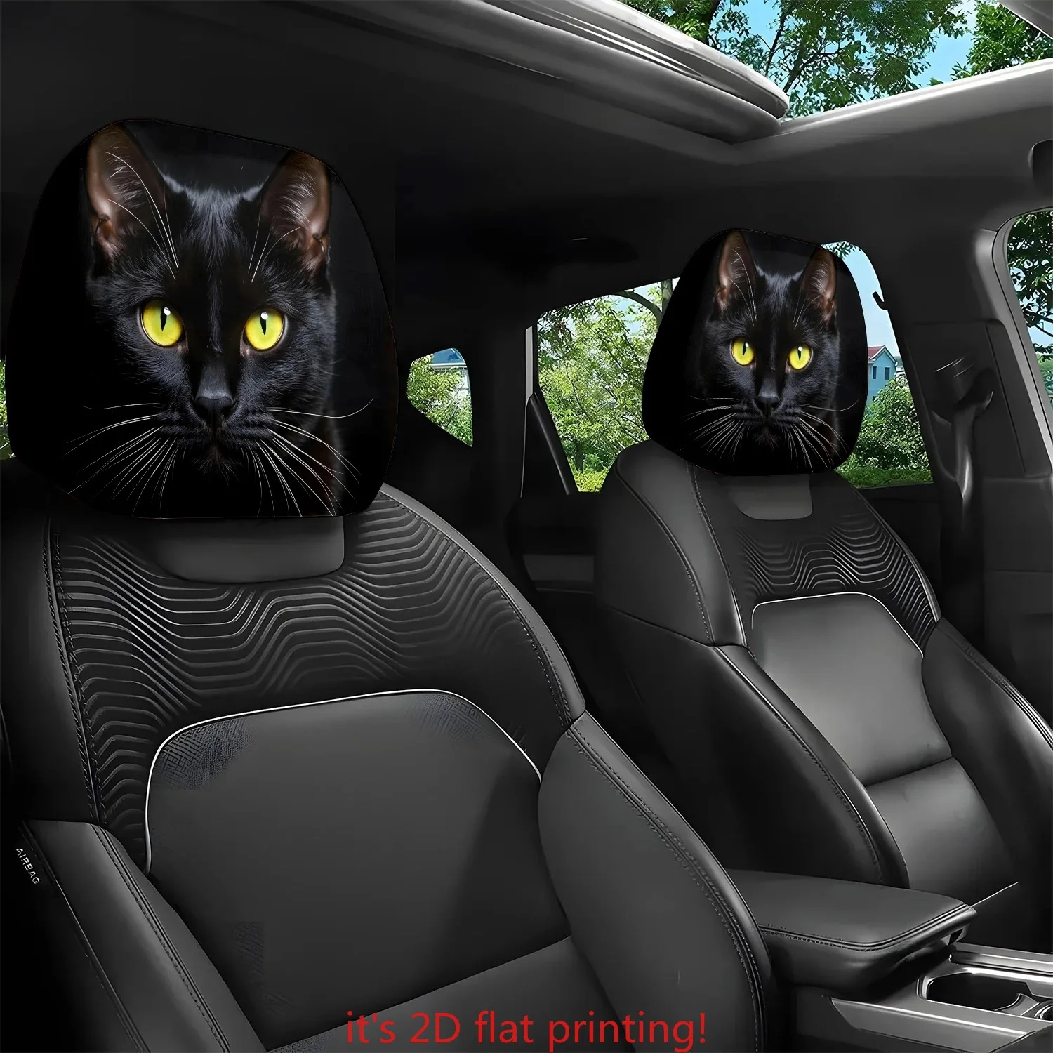 ITECHJOY 2 Stück Schwarze Katze Leuchtend Bedruckte Kopfstützenabdeckung aus Polyester, Coole Autositz-Kopfschutz, Waschbare Auto-Dekoration, Passend für Alle Fahrzeuge