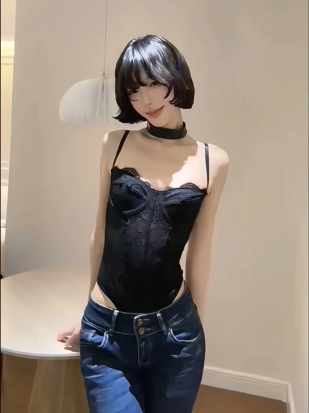 Sexy Kant Me Splice Bikini Set Vintage Pittig Meisje Lente Pure Desire Denim Micro Uitlopende Tweedelige Set Lage Taille Lange Broek