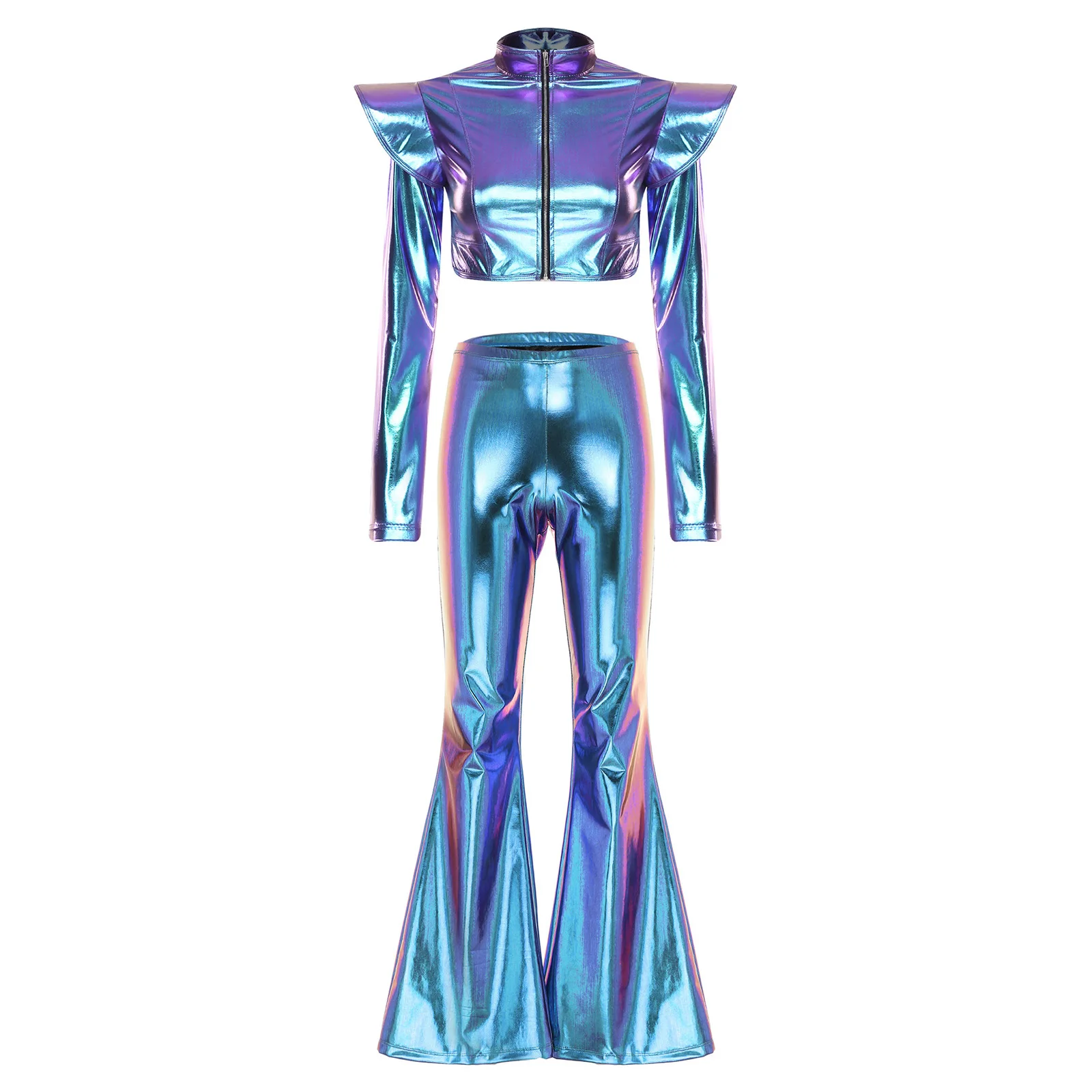 

Женский модный комплект для джазовых танцев, танго, вальса, дискотек и выступлений: укороченный топ с длинными рукавами и расклешенные брюки для рок-музыки