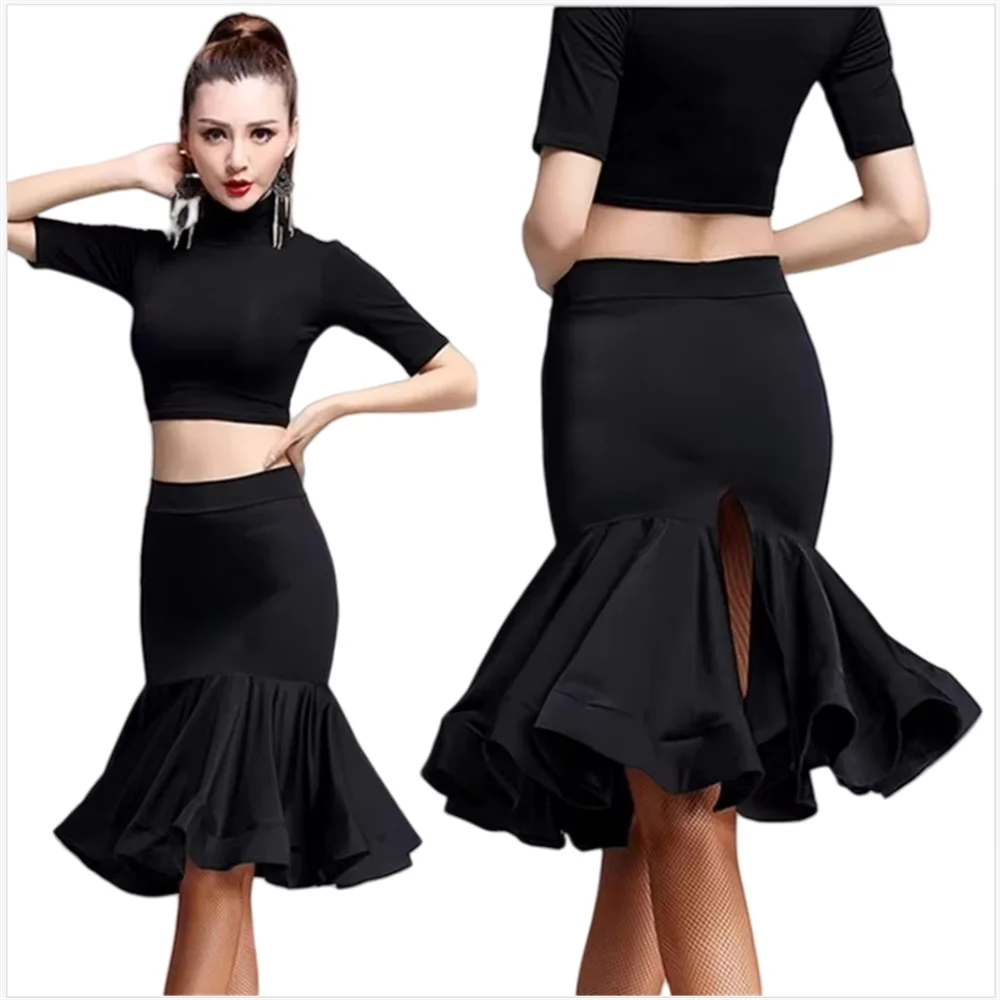 

New Women bifurcation Black Latin Dance Skirt Adult Latin Ballroom Tango Rumba Cha Cha Mermaid Skirt fishbone Dance Wear Girl