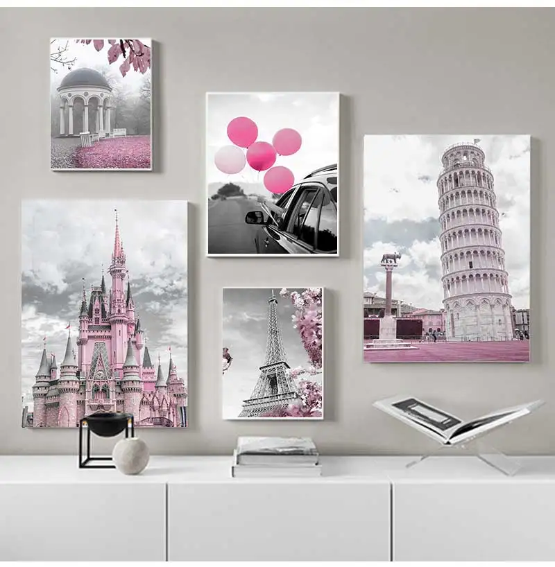 لوحة قماشية اسكندنافية لتزيين الغرف ، ملصقات ومطبوعات ، باريس ، زهرة ، فرنسا ، مدينة ، مبنى ، قلعة ، وردي وأسود