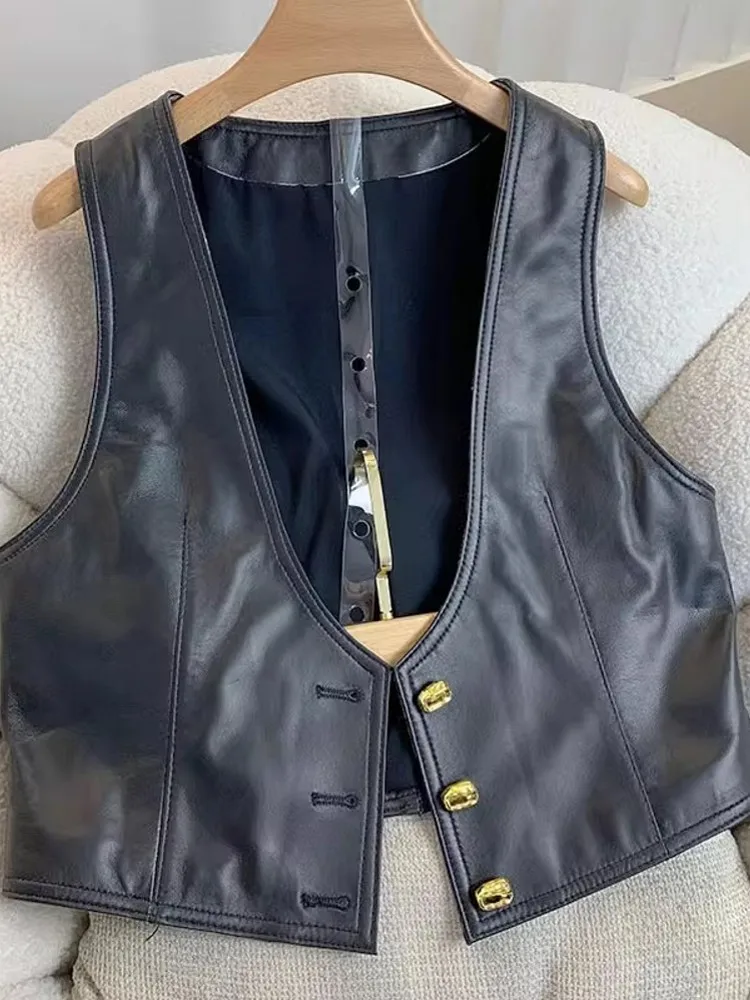 Elegant Genuine Leather Women Vest Spring Autumn Single Breasted Real Leather Sleeveless Jacket Office Lady Hot Sale Waistcoat
