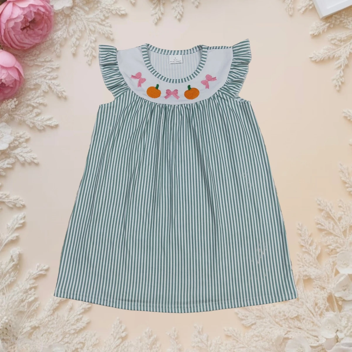 

New 2025 Cute Baby Girls Fall Dresses Embroidery Green Stripe Bows Pumpkins Knee Length Smocked Toddler Kids Boutique Fashion