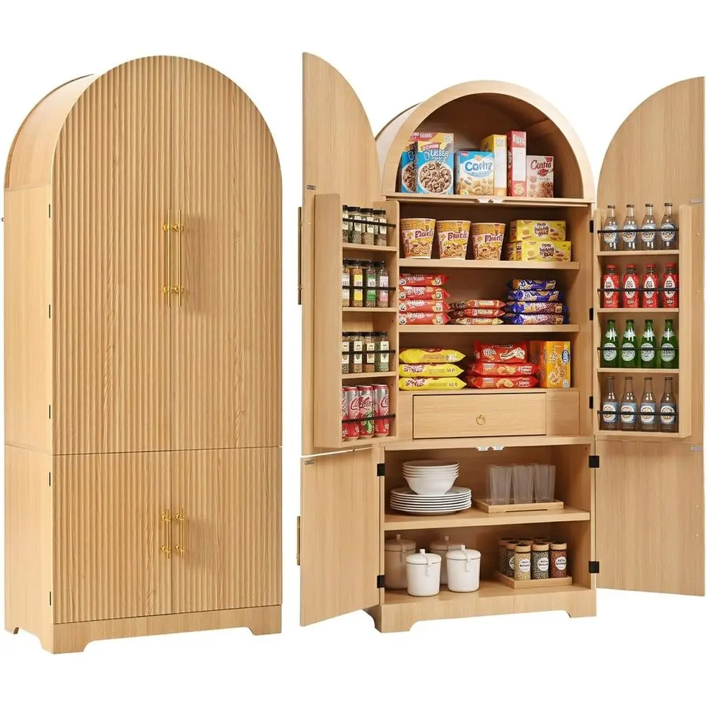 72 armário de despensa de cozinha de arco alto com 4 portas, 3 prateleiras ajustáveis, 1 gaveta oculta, 8 prateleiras de porta, adequado para cozinha,