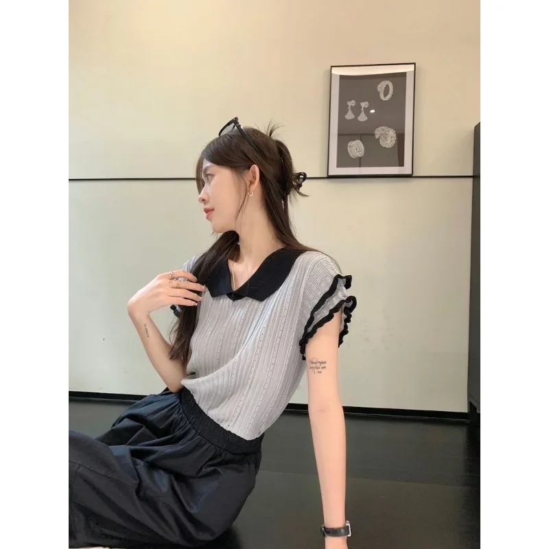 French Wavy Edge Flying Sleeve Pit Knitting T-shirt Female in The Summer New Style Lapel Look Slimmer Hottie Cropped Top Tops