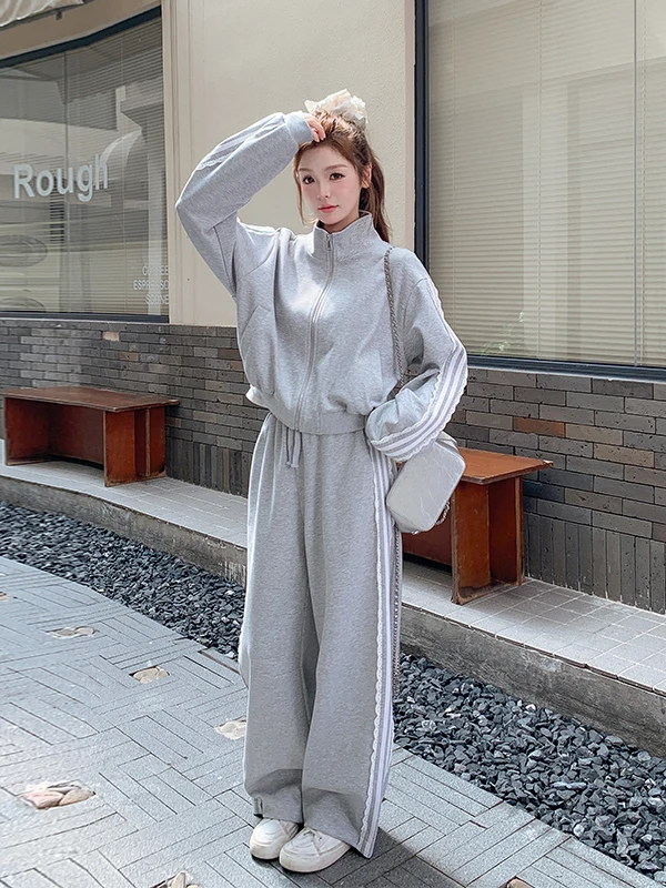 Komplet damski: bluza z koronkowym wykończeniem i szerokie spodnie, casualowy zestaw dwuczęściowy, nowa kolekcja wiosna-jesień, sportowy styl.