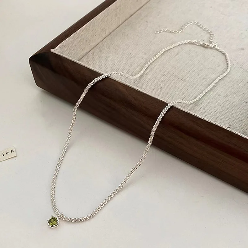 

925 Sterling Silver Women's Neck Chain Jewelry Shiny Green Round Zircon Necklaces Luxury Accessories Money 925